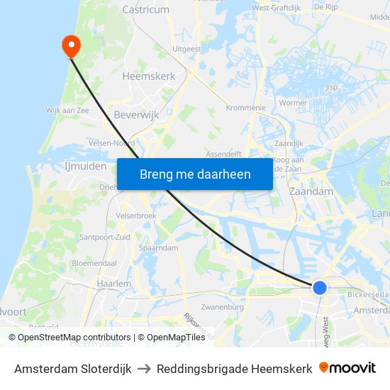 Amsterdam Sloterdijk to Reddingsbrigade Heemskerk map