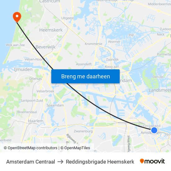 Amsterdam Centraal to Reddingsbrigade Heemskerk map