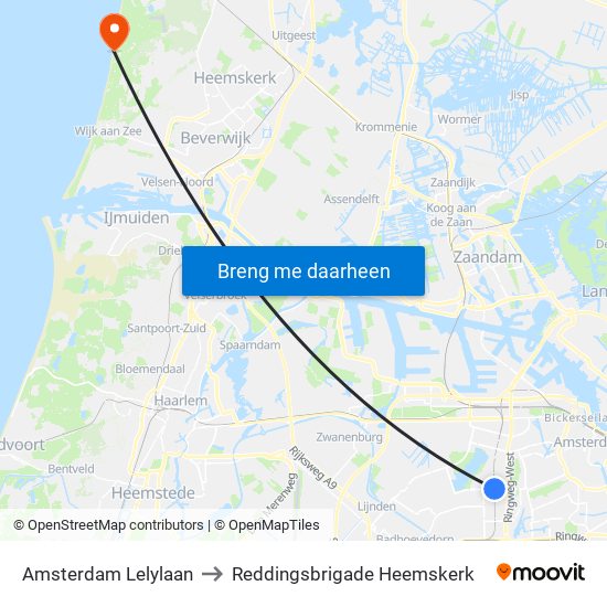 Amsterdam Lelylaan to Reddingsbrigade Heemskerk map