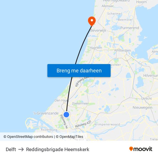 Delft to Reddingsbrigade Heemskerk map