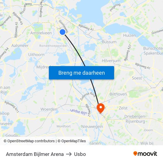 Amsterdam Bijlmer Arena to Usbo map