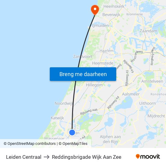 Leiden Centraal to Reddingsbrigade Wijk Aan Zee map