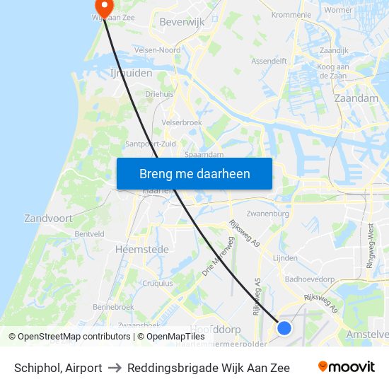 Schiphol, Airport to Reddingsbrigade Wijk Aan Zee map