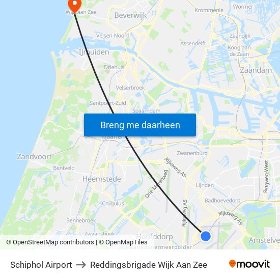 Schiphol Airport to Reddingsbrigade Wijk Aan Zee map