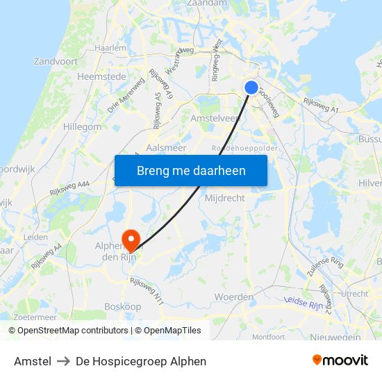 Amstel to De Hospicegroep Alphen map