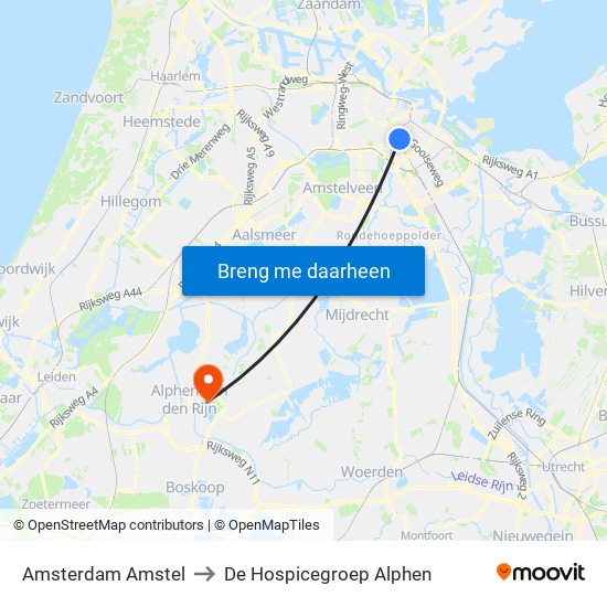 Amsterdam Amstel to De Hospicegroep Alphen map