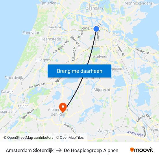 Amsterdam Sloterdijk to De Hospicegroep Alphen map