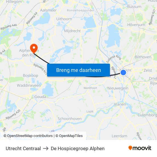 Utrecht Centraal to De Hospicegroep Alphen map