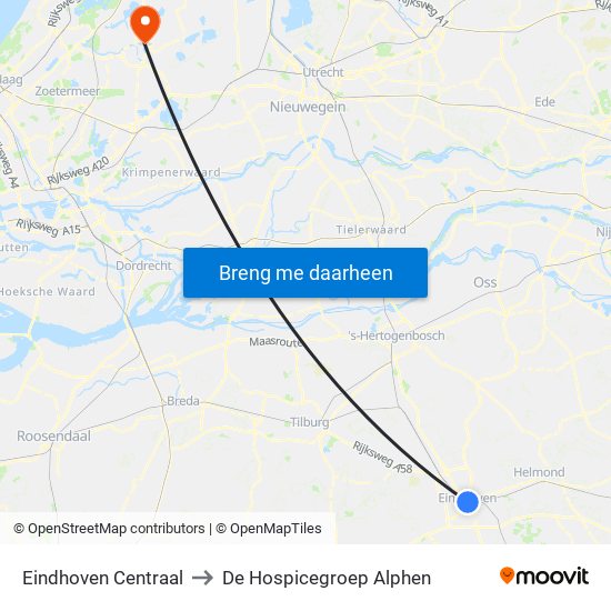 Eindhoven Centraal to De Hospicegroep Alphen map
