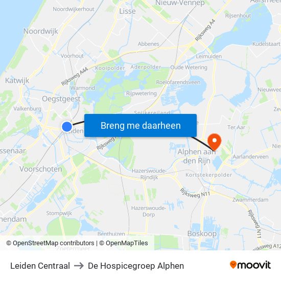 Leiden Centraal to De Hospicegroep Alphen map
