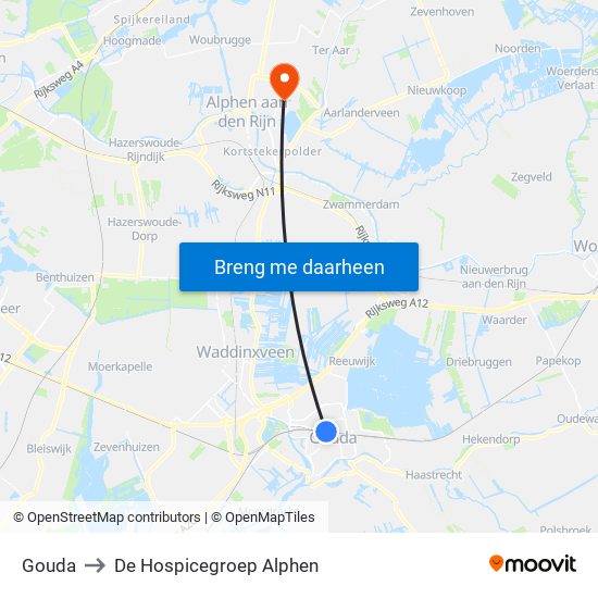 Gouda to De Hospicegroep Alphen map