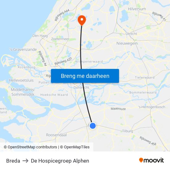 Breda to De Hospicegroep Alphen map
