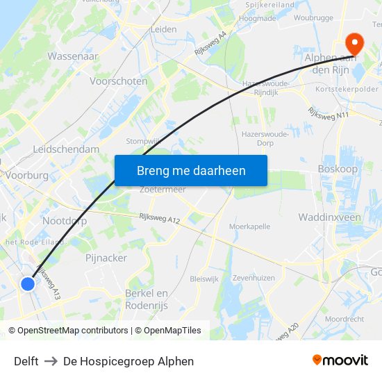 Delft to De Hospicegroep Alphen map