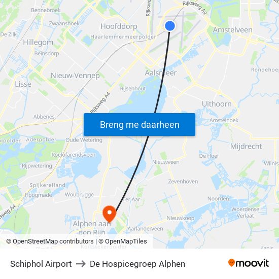 Schiphol Airport to De Hospicegroep Alphen map