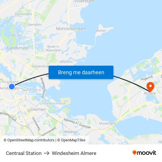 Centraal Station to Windesheim Almere map