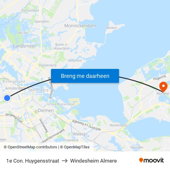 1e Con. Huygensstraat to Windesheim Almere map