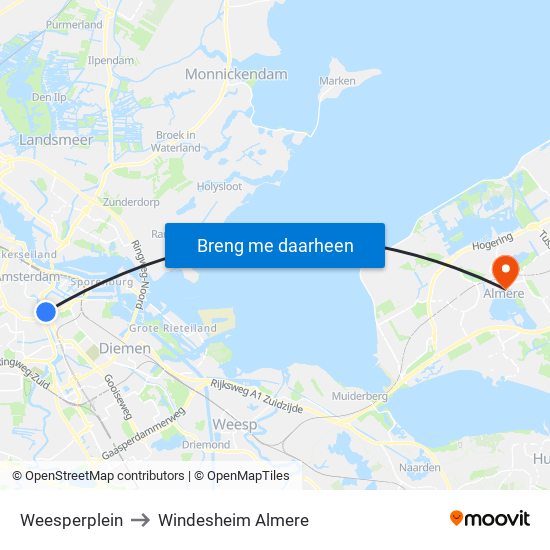 Weesperplein to Windesheim Almere map