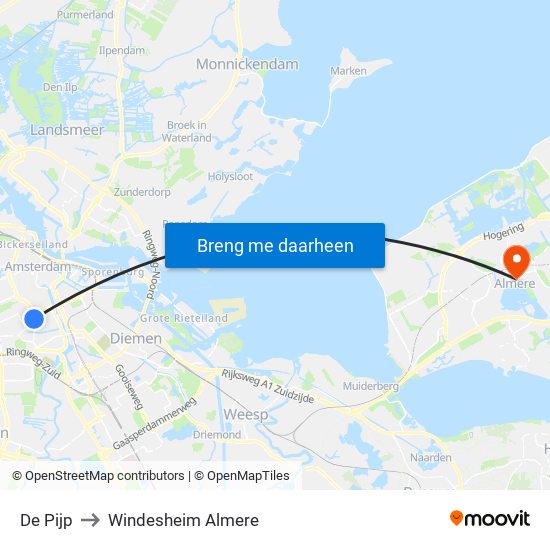 De Pijp to Windesheim Almere map