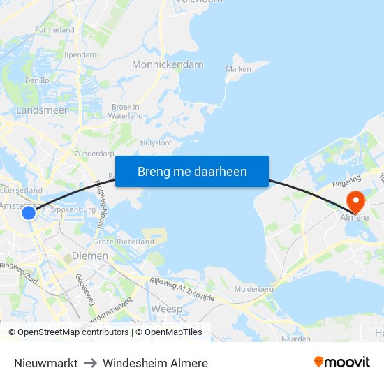 Nieuwmarkt to Windesheim Almere map