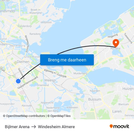 Bijlmer Arena to Windesheim Almere map