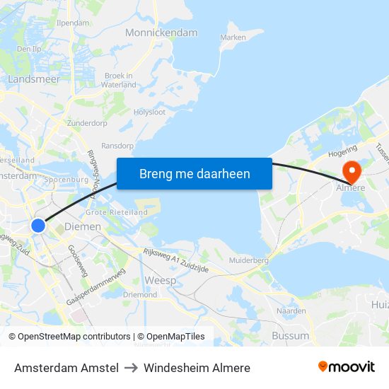 Amsterdam Amstel to Windesheim Almere map