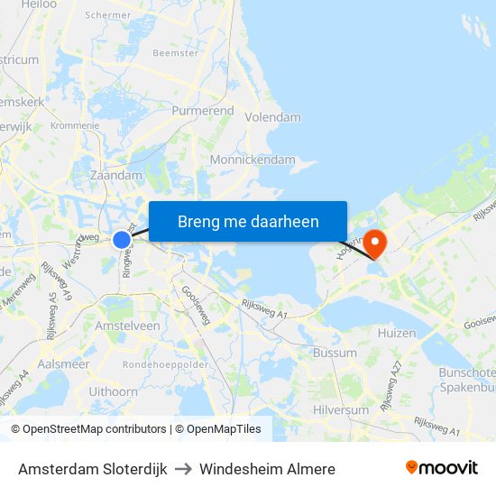 Amsterdam Sloterdijk to Windesheim Almere map