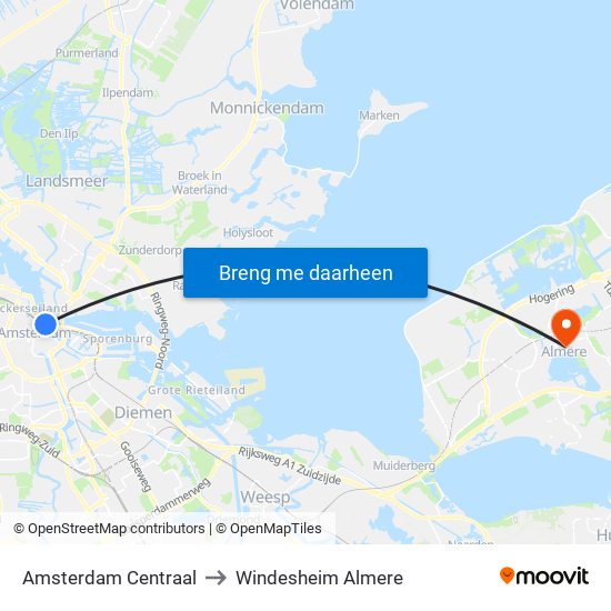 Amsterdam Centraal to Windesheim Almere map