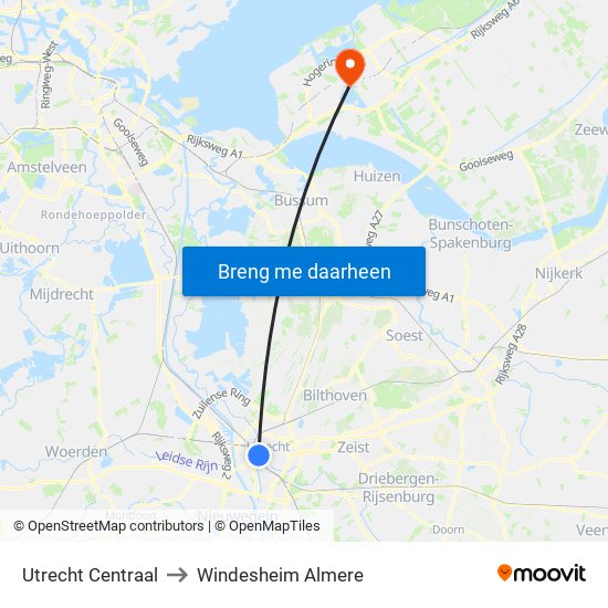 Utrecht Centraal to Windesheim Almere map