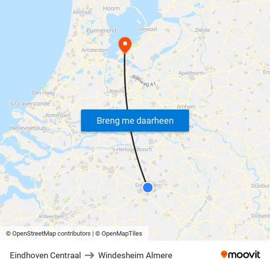 Eindhoven Centraal to Windesheim Almere map