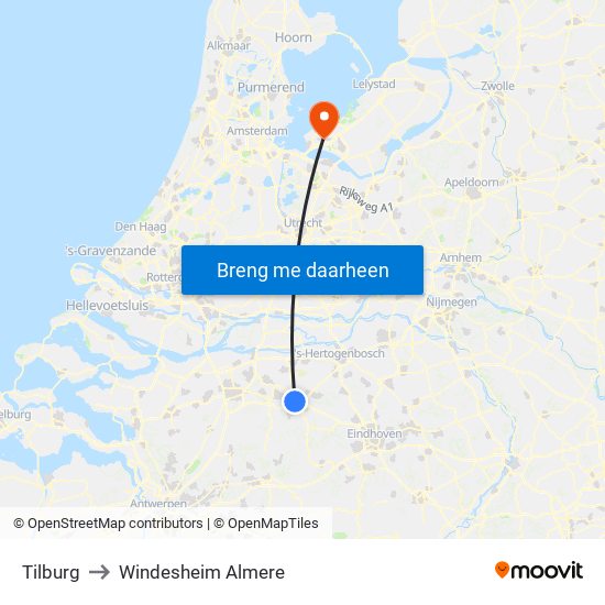 Tilburg to Windesheim Almere map