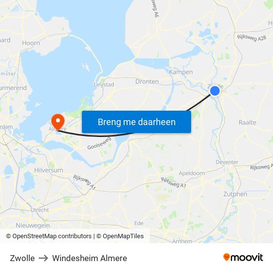 Zwolle to Windesheim Almere map