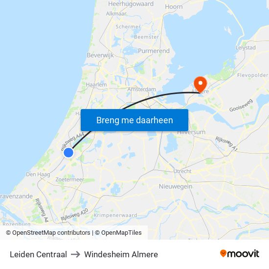 Leiden Centraal to Windesheim Almere map