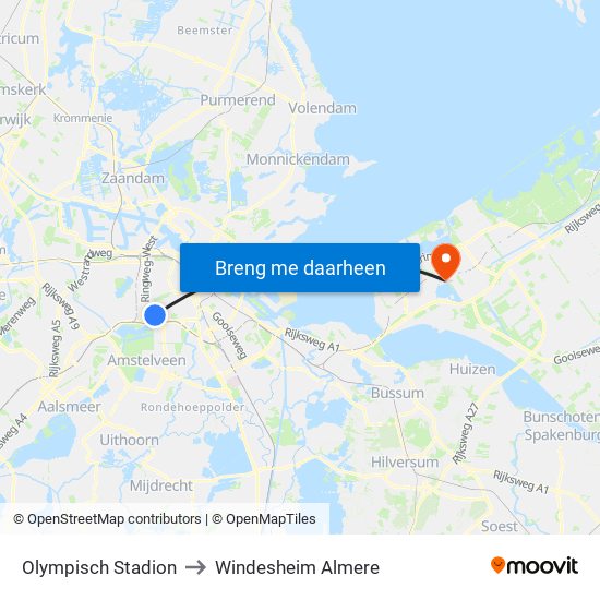 Olympisch Stadion to Windesheim Almere map