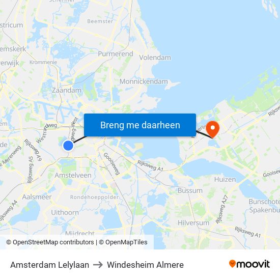 Amsterdam Lelylaan to Windesheim Almere map
