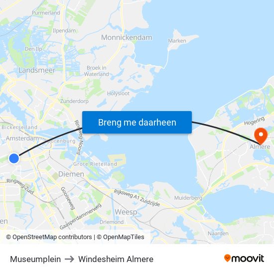 Museumplein to Windesheim Almere map