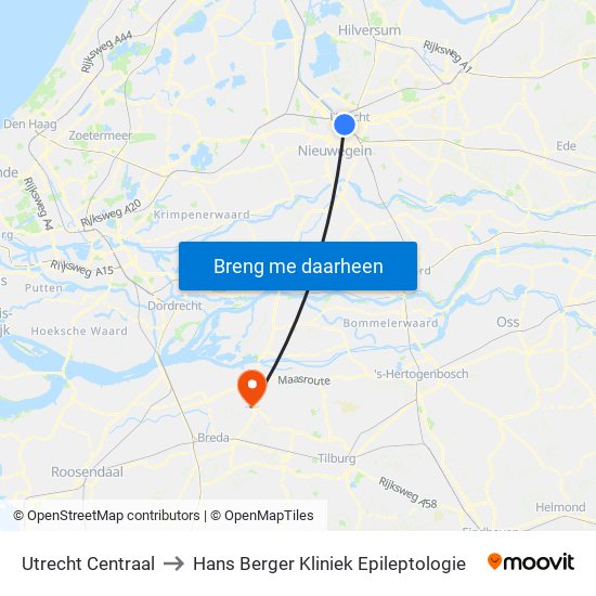 Utrecht Centraal to Hans Berger Kliniek Epileptologie map