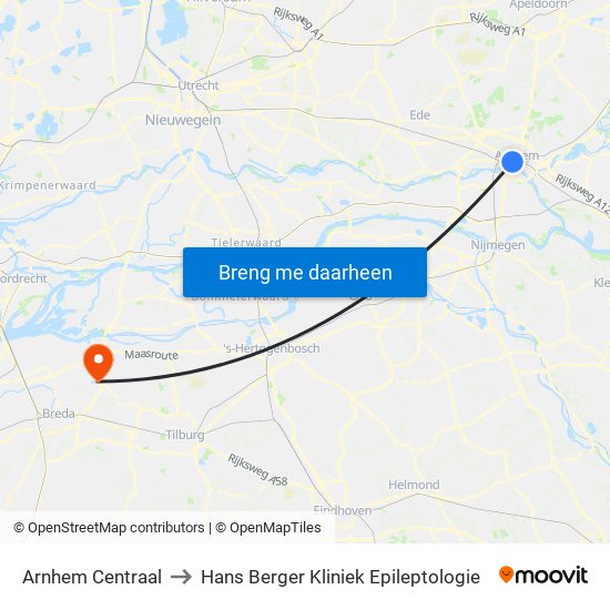 Arnhem Centraal to Hans Berger Kliniek Epileptologie map