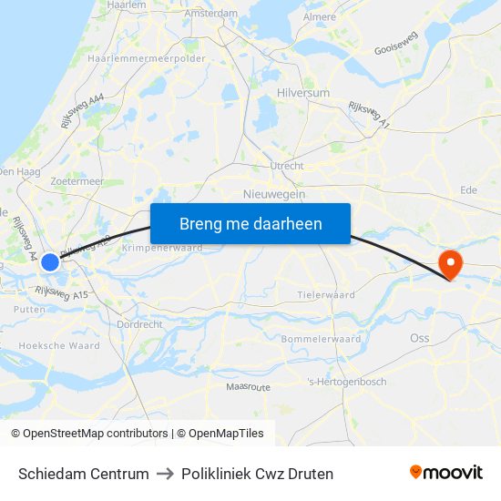 Schiedam Centrum to Polikliniek Cwz Druten map
