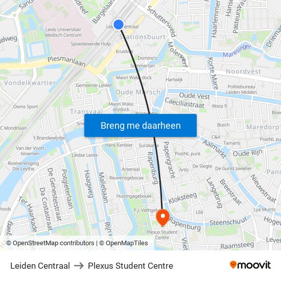Leiden Centraal to Plexus Student Centre map