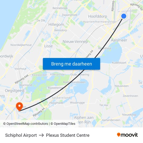 Schiphol Airport to Plexus Student Centre map