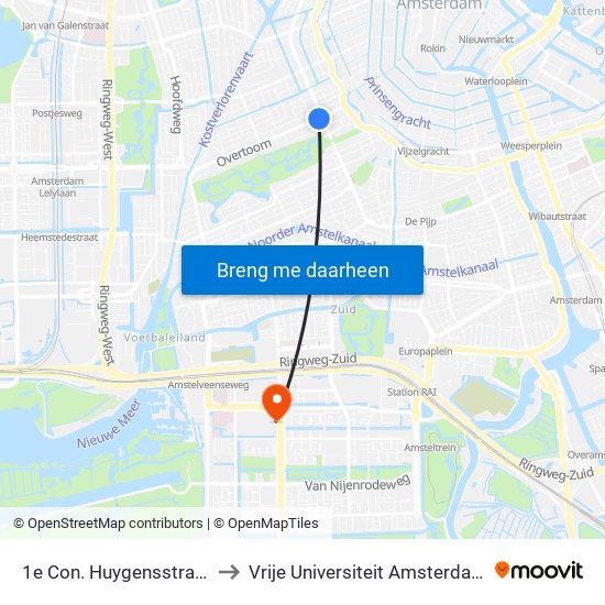 1e Con. Huygensstraat to Vrije Universiteit Amsterdam map