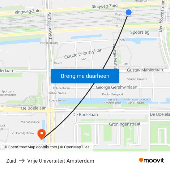 Zuid to Vrije Universiteit Amsterdam map