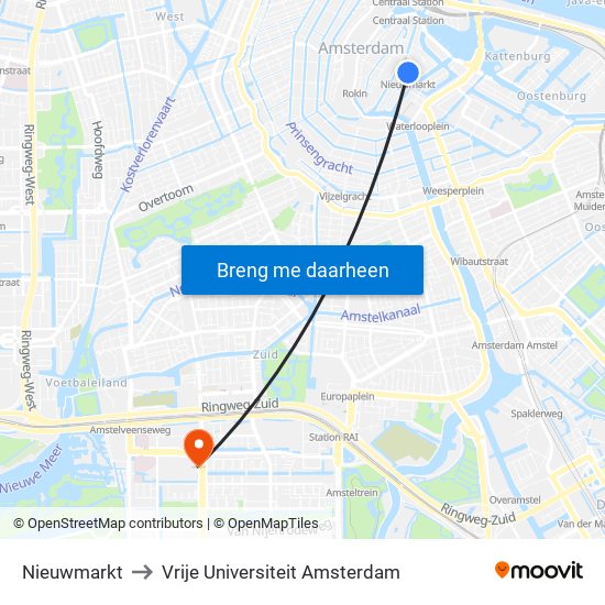 Nieuwmarkt to Vrije Universiteit Amsterdam map