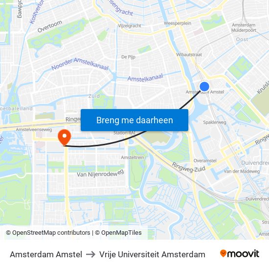 Amsterdam Amstel to Vrije Universiteit Amsterdam map