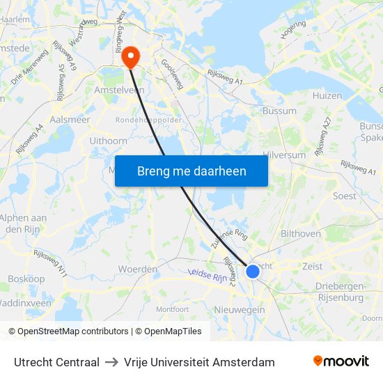 Utrecht Centraal to Vrije Universiteit Amsterdam map