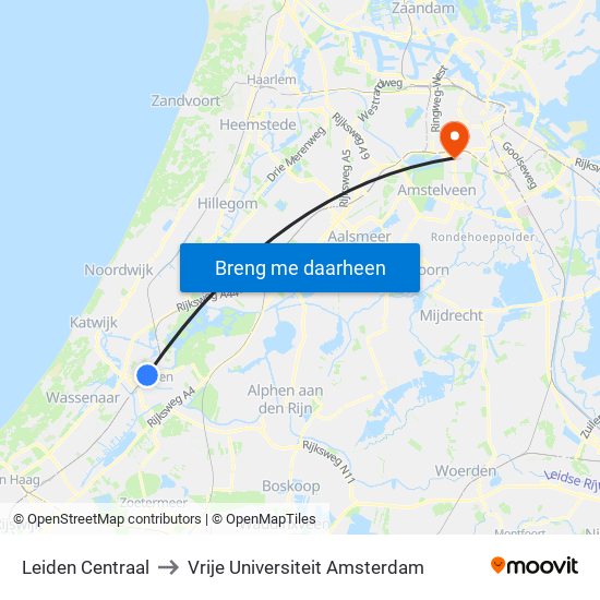 Leiden Centraal to Vrije Universiteit Amsterdam map