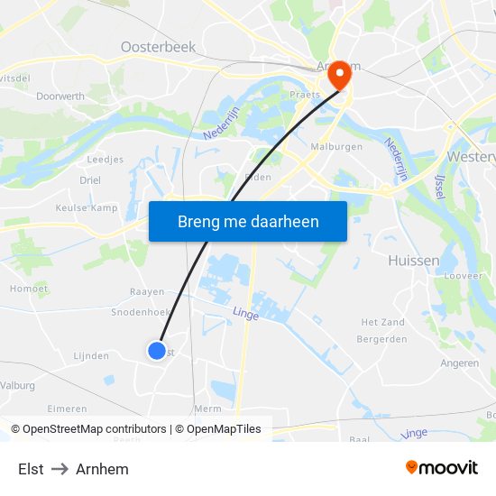 Elst to Arnhem map