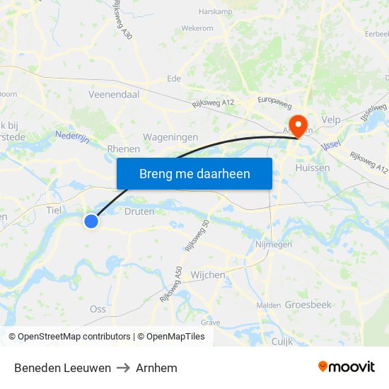 Beneden Leeuwen to Arnhem map