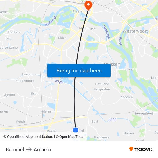 Bemmel to Arnhem map
