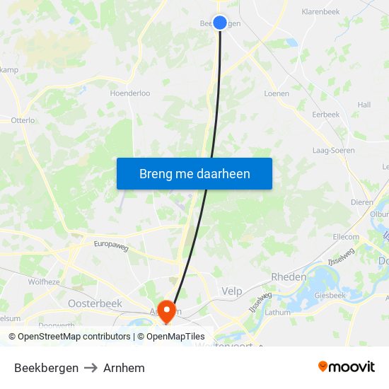 Beekbergen to Arnhem map